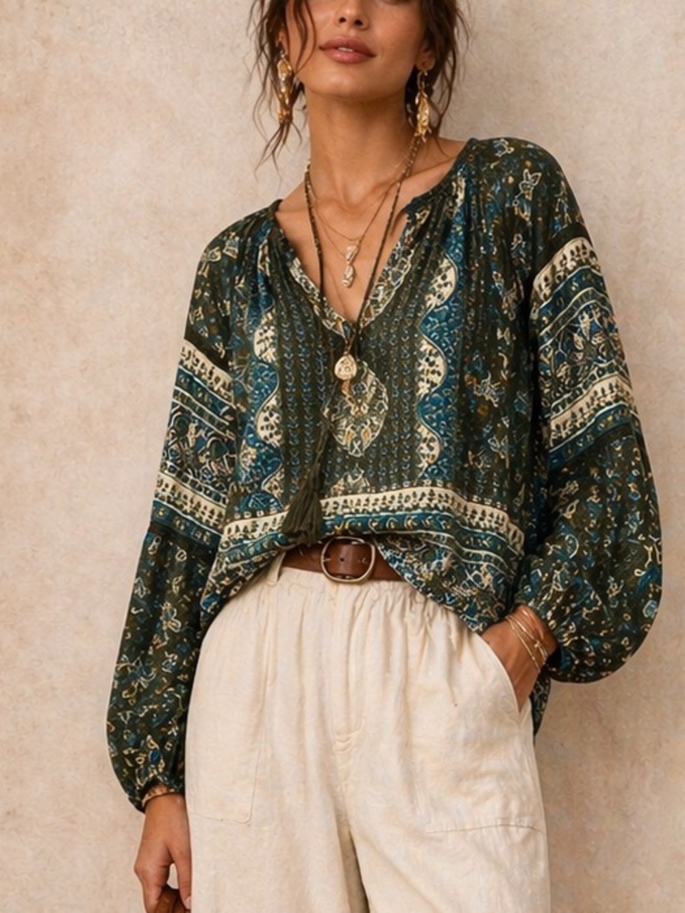 Lucky Brand Boho Cottagecore Blouse Green Paisley Tassel Top l Cotton Modal M